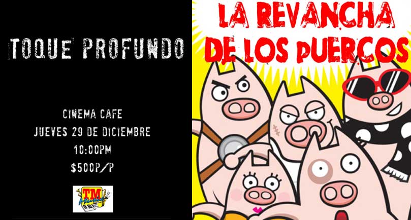 Imagen promocional del concierto La Revancha de Los Puercos de la agrupación Toque Profundo en Cinema Café Santo Domingo 